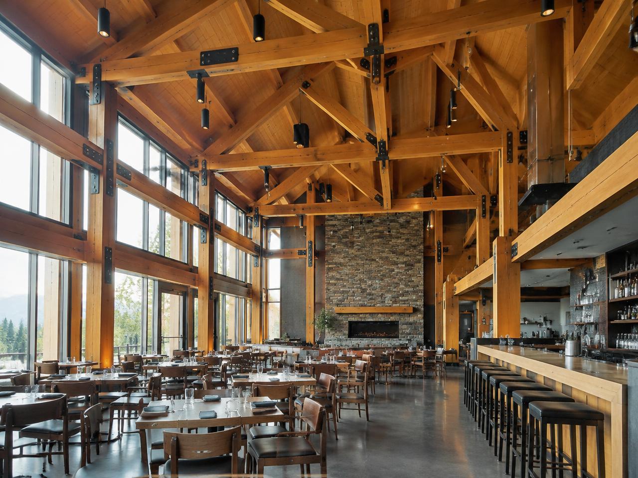 Illustrative exposed timber framing in a restaurant